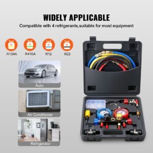 4 way ac gauge ac manifold gauge set for r134a r22 r12 r410a refrigerant, freon gauges with 5ft hoses, couplers, can tap works on car auto freon charging and evacuation