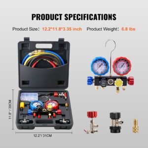 4 way ac gauge ac manifold gauge set for r134a r22 r12 r410a refrigerant, freon gauges with 5ft hoses, couplers, can tap works on car auto freon charging and evacuation