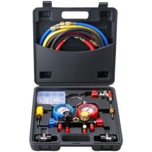 4 Way AC Gauge - AC Manifold Gauge Set for R134A R22 R12 R410A Refrigerant, Freon Gauges with 5ft Hoses, Couplers, Can Tap Works on Car Auto Freon Charging and Evacuation