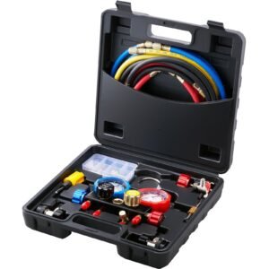 4 way ac gauge ac manifold gauge set for r134a r22 r12 r410a refrigerant, freon gauges with 5ft hoses, couplers, can tap works on car auto freon charging and evacuation