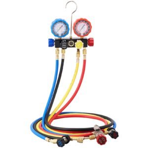 4 way ac gauge ac manifold gauge set for r134a r22 r12 r410a refrigerant, freon gauges with 5ft hoses, couplers, can tap works on car auto freon charging and evacuation