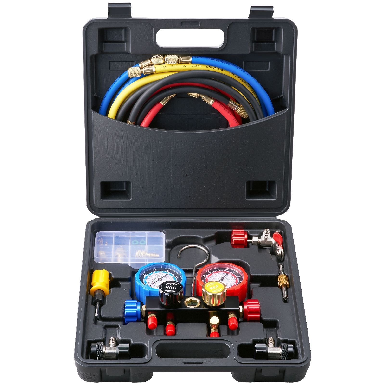 4 way ac gauge ac manifold gauge set for r134a r22 r12 r410a refrigerant, freon gauges with 5ft hoses, couplers, can tap works on car auto freon charging and evacuation