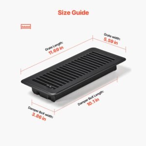 4 x 10 inch floor registers, 12 pack vent grilles, havc heavy duty walkable iron floor vents, easily adjustable rust proof air vents deflector with metal damper, ideal for home & office, black