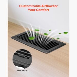 4 x 10 inch floor registers, 12 pack vent grilles, havc heavy duty walkable iron floor vents, easily adjustable rust proof air vents deflector with metal damper, ideal for home & office, black