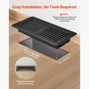 4 x 10 inch floor registers, 12 pack vent grilles, havc heavy duty walkable iron floor vents, easily adjustable rust proof air vents deflector with metal damper, ideal for home & office, black