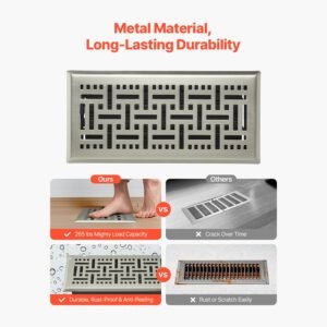4 x 10 inch floor registers, 2 pack vent grilles, hvac heavy duty walkable iron floor vents, easily adjustable rust proof air vents deflector with metal damper, for home & office, nickel plated