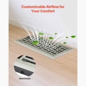 4 x 10 inch floor registers, 2 pack vent grilles, hvac heavy duty walkable iron floor vents, easily adjustable rust proof air vents deflector with metal damper, for home & office, nickel plated