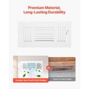 4 x 10 inch floor registers, 6 pack floor vents, hvac 3 direction iron vent grilles for home/office wall & ceiling, rustproof anti peeling air vents deflector adjustable with metal damper, white