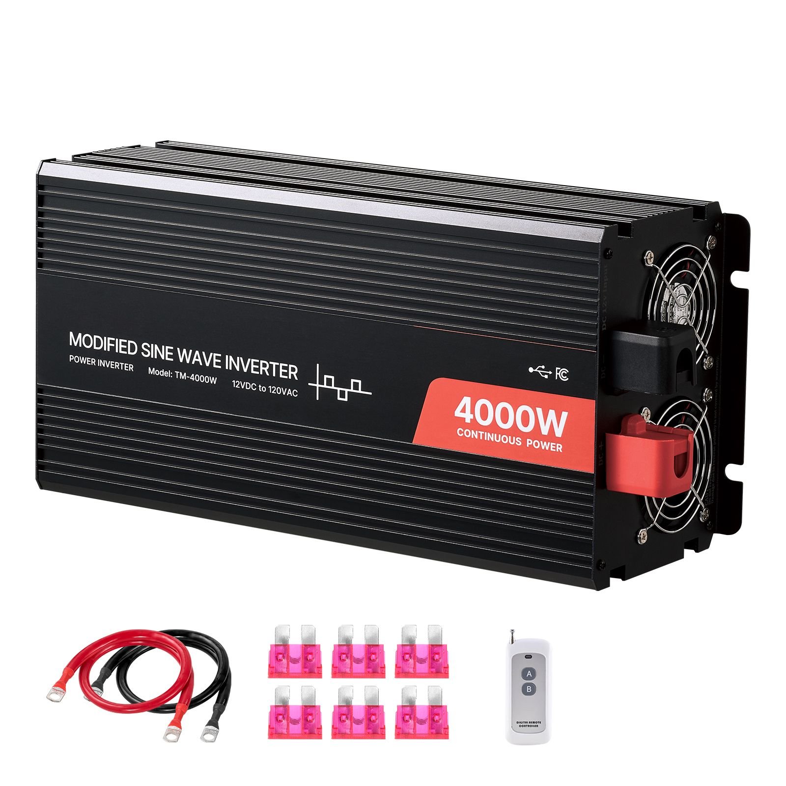 4000w power inverter, 12v dc to 120v ac modified sine wave inverter, solar car charger converter with lcd display, remote control, 2 usb ports, 4 ac outlets, type c port, for rv, truck outdoor