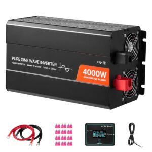 4000W Power Inverter, 12V DC to 120V AC Pure Sine Wave Inverter, Solar Car Charger Converter with LCD Display, Remote Control, 2 USB Ports, 4 AC Outlets, Type-C Port, for RV, Truck Outdoor