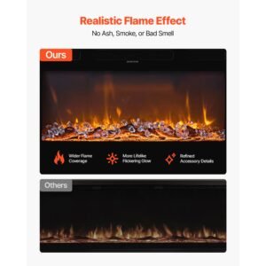 42 inch electric fireplace, wall mounted recessed fire place with remote control, timer, 1500w, adjustable flame color brightness, touch screen, overheat protection, for living room,bedroom