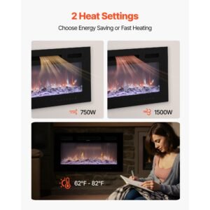 42 inch electric fireplace, wall mounted recessed fire place with remote control, timer, 1500w, adjustable flame color brightness, touch screen, overheat protection, for living room,bedroom
