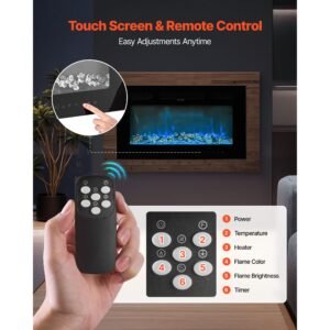 42 inch electric fireplace, wall mounted recessed fire place with remote control, timer, 1500w, adjustable flame color brightness, touch screen, overheat protection, for living room,bedroom