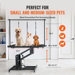 43" hydraulic pet grooming table, heavy duty dog grooming arm for medium/ small dogs, height adjustable dog grooming station, anti slip tabletop /dog grooming station, max bearing 400lbs