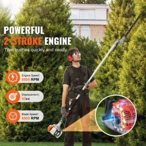43cc 6 in 1 multi functional trimming tools, gas hedge trimmer, weed eater, string trimmer, brush cutter, edger, pole saw chainsaw pruner with extension pole