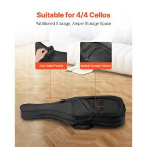 4/4 full size cello case, nylon waterproof, lightweight portable travel carrying bag, with reinforced handle, dual shoulder straps, anti scratch, professional cello shape, for cello, black