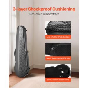 4/4 full size violin case, built in hygrometer, lightweight portable travel carrying bag, with plush lining, dual shoulder straps, anti scratch, professional triangular shape, for violin, black