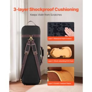 4/4 full size violin case, built in hygrometer, lightweight portable travel carrying bag, with plush lining, shoulder straps, anti scratch, professional oblong shape, for violin, black