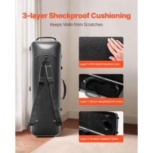4/4 full size violin case, built in hygrometer, lightweight portable travel carrying bag, with plush lining, shoulder straps, anti scratch, professional oblong shape, for violin, black