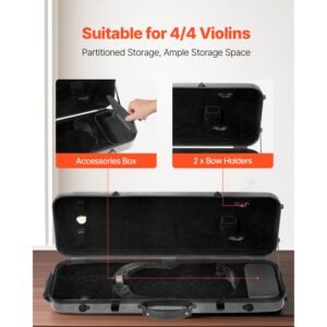 4/4 full size violin case, built in hygrometer, lightweight portable travel carrying bag, with plush lining, shoulder straps, anti scratch, professional oblong shape, for violin, black