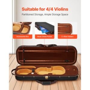 4/4 full size violin case, built in hygrometer, lightweight portable travel carrying bag, with plush lining, shoulder straps, anti scratch, professional oblong shape, for violin, black