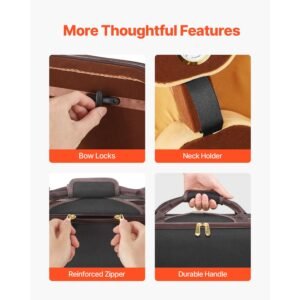 4/4 full size violin case, built in hygrometer, lightweight portable travel carrying bag, with plush lining, shoulder straps, anti scratch, professional oblong shape, for violin, black