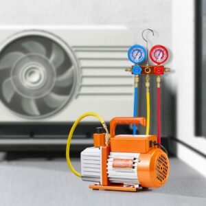 4.5 cfm ac vacuum pump and gauge set, single stage rotary vane hvac air vacuum pump, a/c refrigerant manifold gauge kit, with leak detector hoses, for r134a, r12, r22, r502a, r410a, r404, r407c