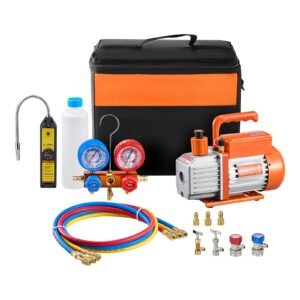 4.5 cfm ac vacuum pump and gauge set, single stage rotary vane hvac air vacuum pump, a/c refrigerant manifold gauge kit, with leak detector hoses, for r134a, r12, r22, r502a, r410a, r404, r407c