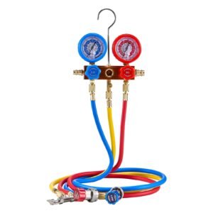 4.5 cfm ac vacuum pump and gauge set, single stage rotary vane hvac air vacuum pump, a/c refrigerant manifold gauge kit, with leak detector hoses, for r134a, r12, r22, r502a, r410a, r404, r407c
