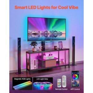 45" tv stand with mount for up to 75 in tvs, entertainment center with power outlet & led lights, height adjustable tv console with mount with 3 tiers storage cabinets for bedroom, living room