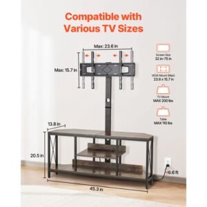 45" tv stand with mount for up to 75 in tvs, entertainment center with power outlet & led lights, height adjustable tv console with mount with 3 tiers storage cabinets for bedroom, living room