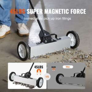 45lbs rolling magnetic sweeper with wheels, push type magnetic pick up sweeper, 18 inch large magnet pickup lawn sweeper, magnet with telescoping handle, easy cleanup of workshop garage yard