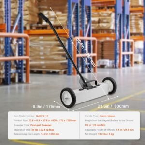 45lbs rolling magnetic sweeper with wheels, push type magnetic pick up sweeper, 18 inch large magnet pickup lawn sweeper, magnet with telescoping handle, easy cleanup of workshop garage yard