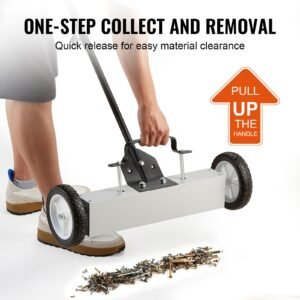 45lbs rolling magnetic sweeper with wheels, push type magnetic pick up sweeper, 18 inch large magnet pickup lawn sweeper, magnet with telescoping handle, easy cleanup of workshop garage yard