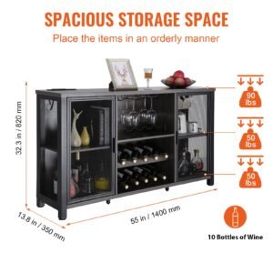 47 inch industrial bar cabinet, wine table for liquor & glasses, sideboard buffet cabinet with wine rack, freestanding farmhouse wood coffee bar cabinet for living room, home bar, kitchen