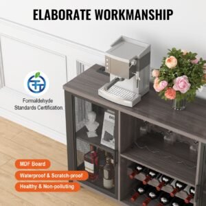 47 inch industrial bar cabinet, wine table for liquor & glasses, sideboard buffet cabinet with wine rack, freestanding farmhouse wood coffee bar cabinet for living room, home bar, kitchen