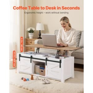 47.2 in farmhouse lift top coffee table, rustic center table with barn door and hidden storage compartment, modern rectangle lifting tabletop for living room, office, home, easy assembly, white
