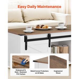 47.2 in farmhouse lift top coffee table, rustic center table with barn door and hidden storage compartment, modern rectangle lifting tabletop for living room, office, home, easy assembly, white