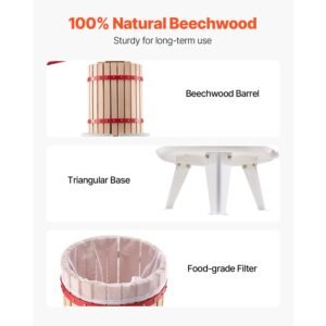 4.75 gal/18l fruit wine press, solid wood basket with 8 blocks, heavy duty manual juice maker, cider apple grape tincture honey olive oil making press with handle for kitchen, home