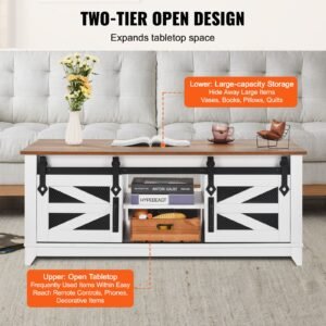 48" farmhouse coffee table, rectangle coffee table with 2 sliding barn doors, 2 tiers wooden rustic table with removable shelves for living room, bedroom, apartment, or studio, white & natural
