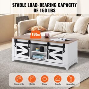 48" farmhouse coffee table, rectangle coffee table with 2 sliding barn doors, 2 tiers wooden rustic table with removable shelves for living room, bedroom, apartment, or studio, white & natural