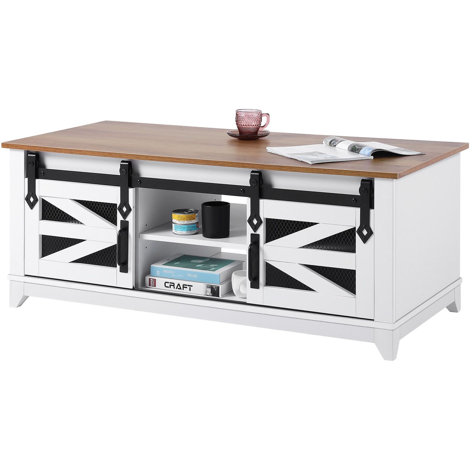 48" farmhouse coffee table, rectangle coffee table with 2 sliding barn doors, 2 tiers wooden rustic table with removable shelves for living room, bedroom, apartment, or studio, white & natural