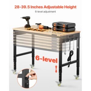 48 inch adjustable workbench, 2000 lbs load, work bench with power outlet, wheels, and pegboard, heavy duty oak wood top work table for garage, workshop, office, and home