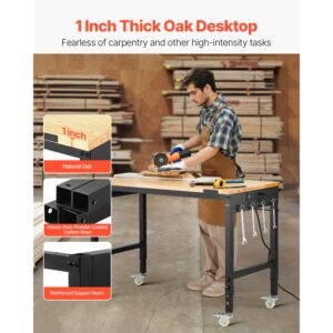 48 inch adjustable workbench, 2000 lbs load, work bench with power outlet, wheels, and pegboard, heavy duty oak wood top work table for garage, workshop, office, and home