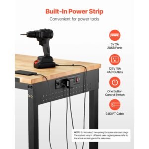48 inch adjustable workbench, 2000 lbs load, work bench with power outlet, wheels, and pegboard, heavy duty oak wood top work table for garage, workshop, office, and home