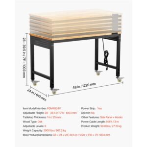 48 inch adjustable workbench, 2000 lbs load, work bench with power outlet, wheels, and pegboard, heavy duty oak wood top work table for garage, workshop, office, and home