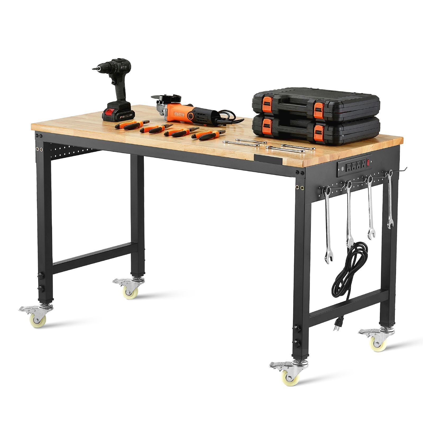 48 inch adjustable workbench, 2000 lbs load, work bench with power outlet, wheels, and pegboard, heavy duty oak wood top work table for garage, workshop, office, and home
