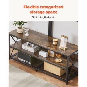 48" tv stand with mount for up to 75 in tvs, entertainment center with power outlet, height adjustable tv console with mount with 3 tiers open storage cabinets for bedroom, living room, browm