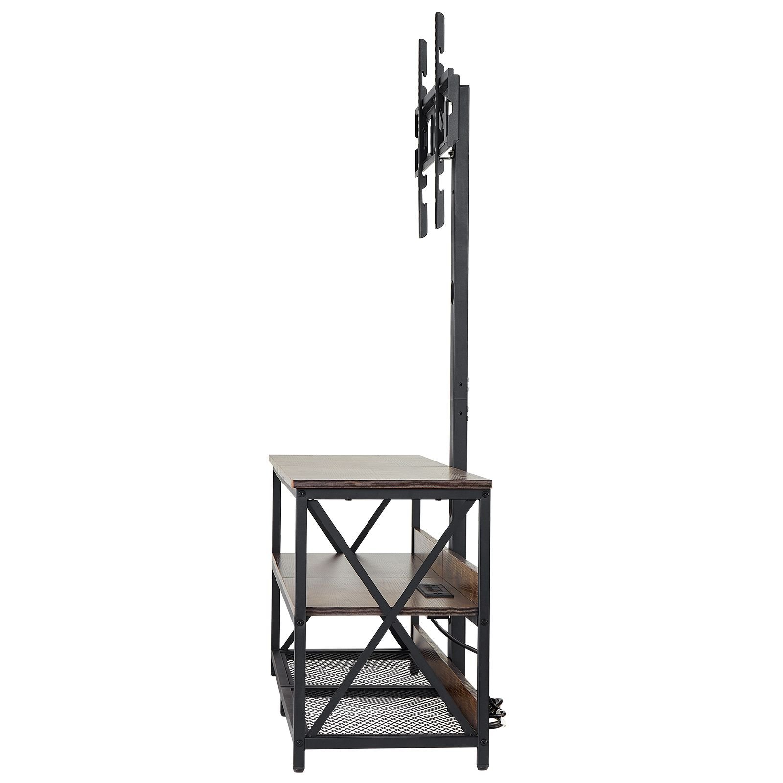 48" tv stand with mount for up to 75 in tvs, entertainment center with power outlet, height adjustable tv console with mount with 3 tiers open storage cabinets for bedroom, living room, browm
