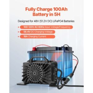 48v 18a lithium battery charger, 58.4v, ac dc lifepo4 smart charger, with waterproof connector, led indicator, 0v activation, for lifepo4 deep cycle rechargeable batteries of boat, rv, ip68